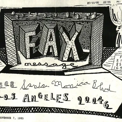 David Hockney, a hand-drawn “FAX message” cover sheet (1995). © David Hockney, shown in tribute.