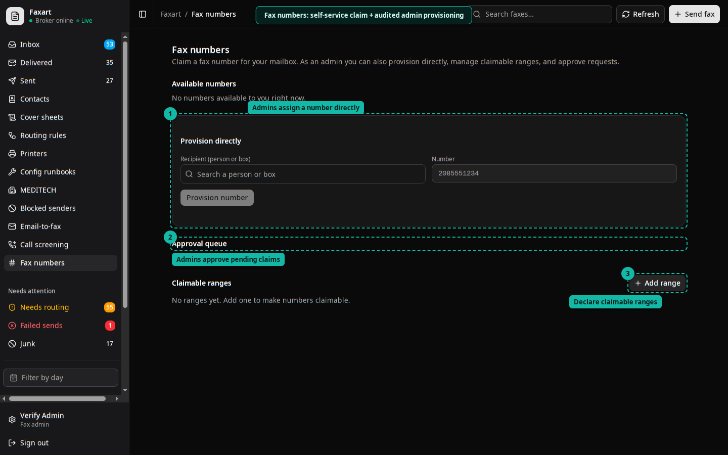 The Fax numbers tab: provision directly, the approval queue, and declaring claimable ranges