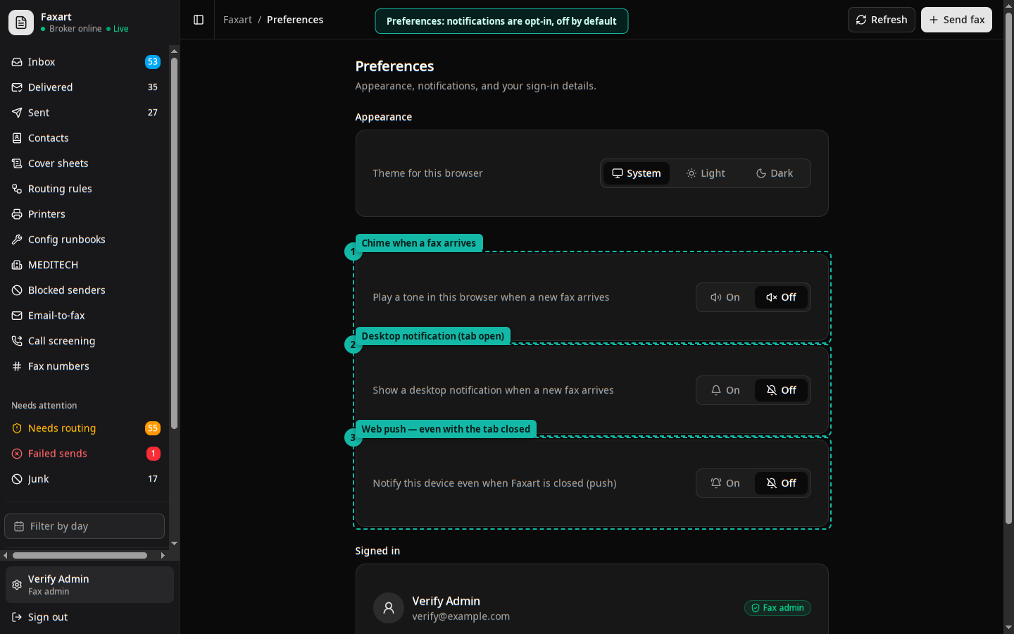 Preferences notification toggles: chime, desktop notification, and tab-closed web push, all off by default